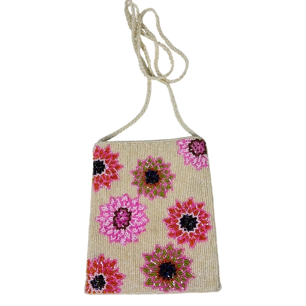 Vtg Handmade Hand Beaded Floral Crossbody Purse Seed Bead Evening Bag Pink Ivory